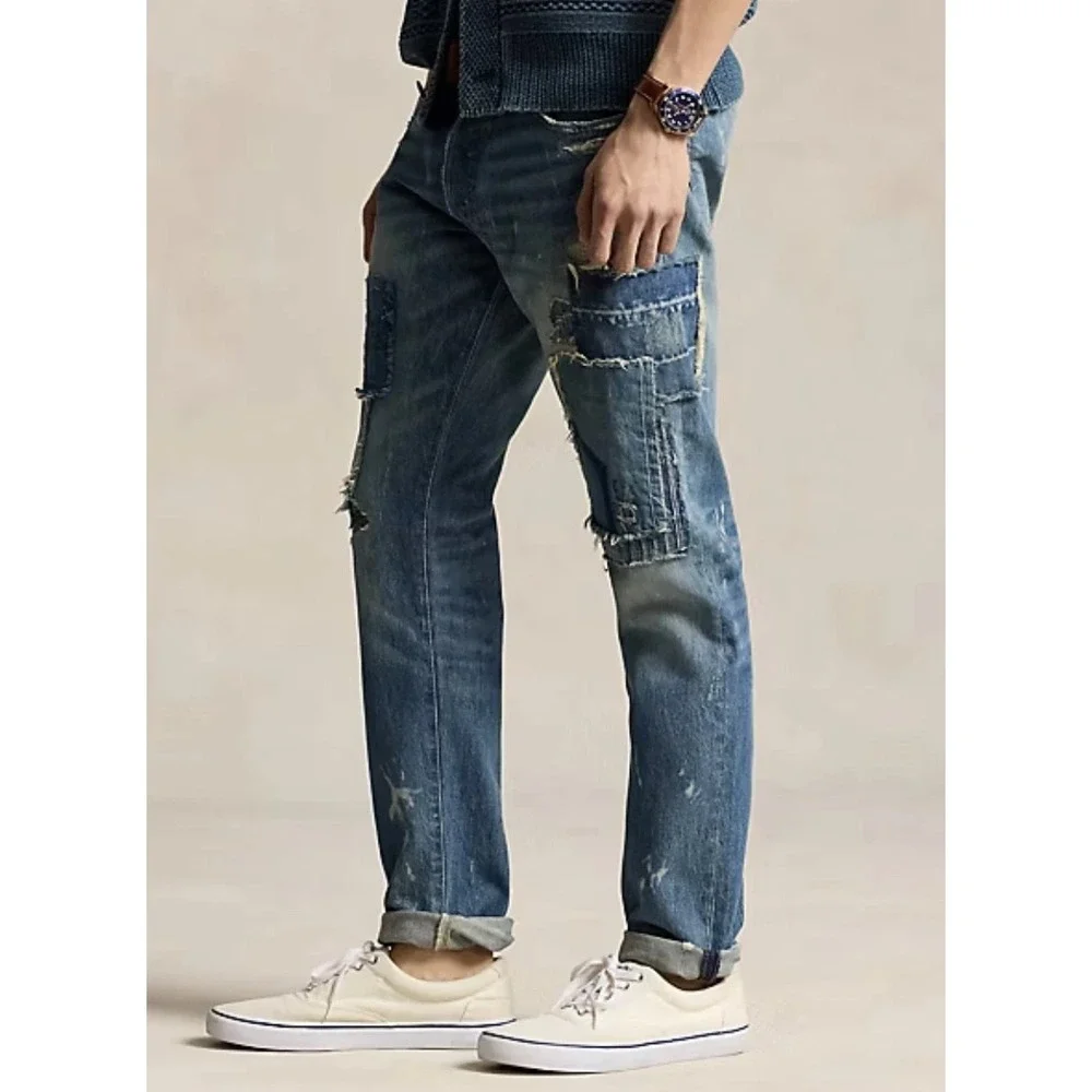 Polo Ralph Lauren Sullivan Slim Distressed Patchwork Jeans Men's 38x30 NWT‎